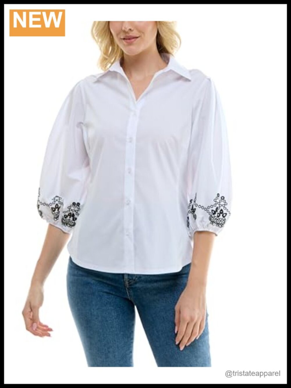 Women's 3/4 Sleeve Peasant Top Blouse with Embroidery